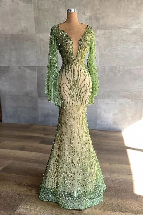 Women's Date Night Outfit Sexy Deep V Neck Green Prom Dress 2022 Full Sleeve Crystals Sequined Mermaid Fashion Evening Gown       cg23096