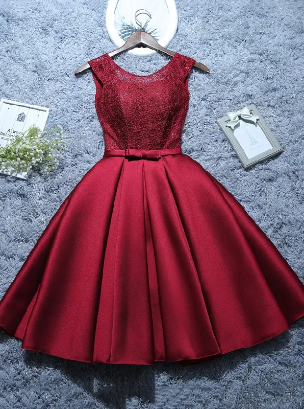 Women's Classic Attire Burgundy Short Evening Dress Satin Lace A-line Short Homecoming Dress OM542