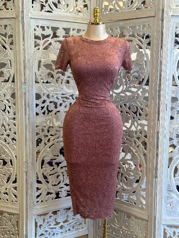 Plus-Size Women's Clothing Mauve Lace Bodycon Dress- Stretchy, Estira