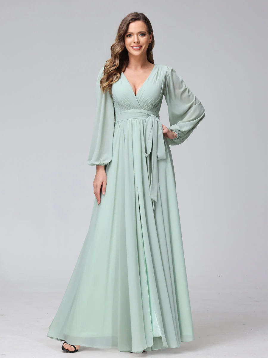 Women's Seasonal Attire A-Line V-Neck Long Sleeves Chiffon Long Bridesmaid Dresses With Ruffles Split Side