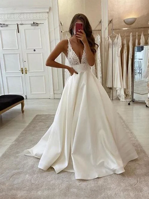 Women's Holiday Attire V-neck Simple Lace Wedding Dresses, A-line Newest Wedding Dresses