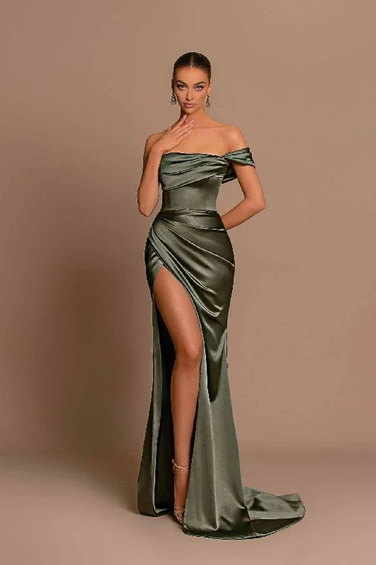 Women's High-Fashion Attire Prom Dress Off The Shoulder Satin for Ruched Bridesmaid Dresses High Slit Corset Evening Gowns Formal Wear Dresses