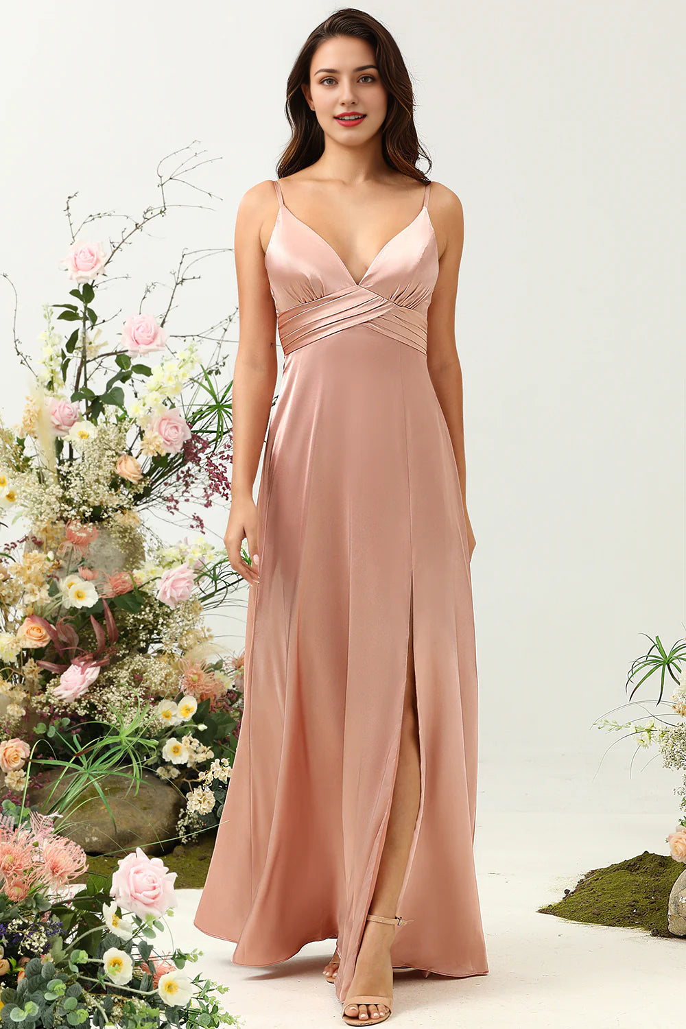 Women's Travel Apparel Blush Spaghetti Straps A Line Bridesmaid Dress With Slit