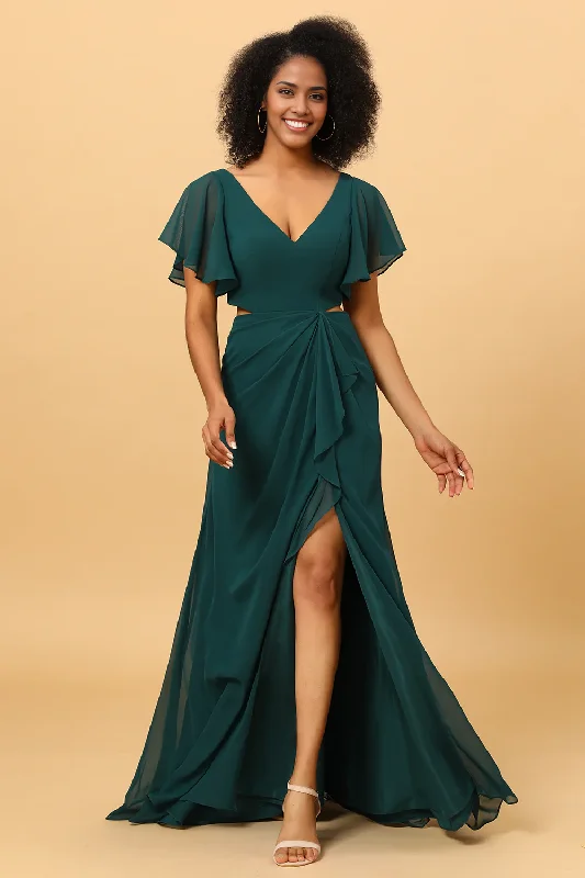 Chic Women's Attire Hollow-out Chiffon Green Bridesmaid Dress V-Neck with Ruffles Sleeves