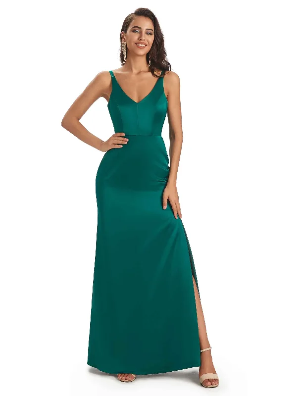 Women's Evening Apparel Sexy Soft Satin V-Neck Side Slit Spaghetti Straps Fashion Mermaid Bridesmaid Dresses