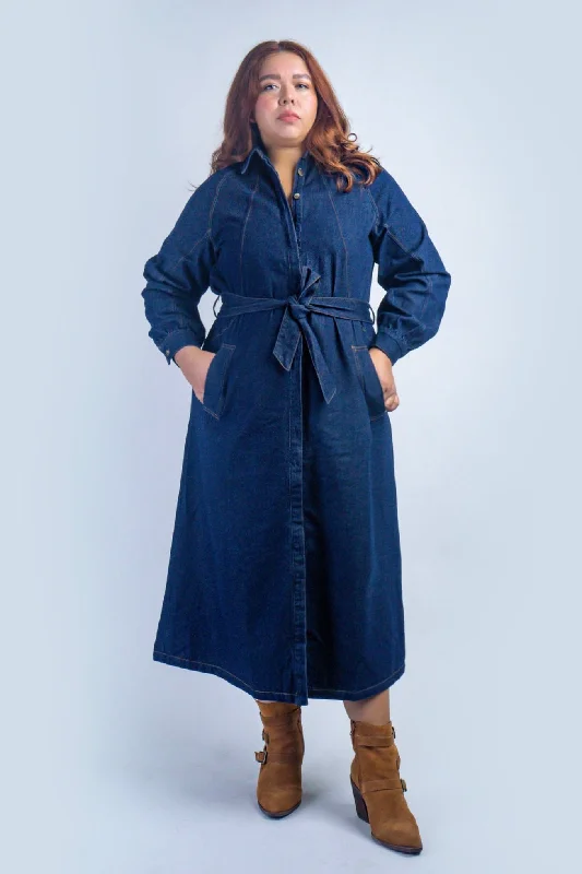 Stylish Clothes For Women Dark Denim Belted Shirt Dress