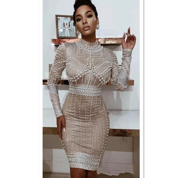 Women's Clothing For Outdoor Activities New Fashion Long Sleeve Beading Celebrity Elegant Evening Sexy Women Prom Dresses