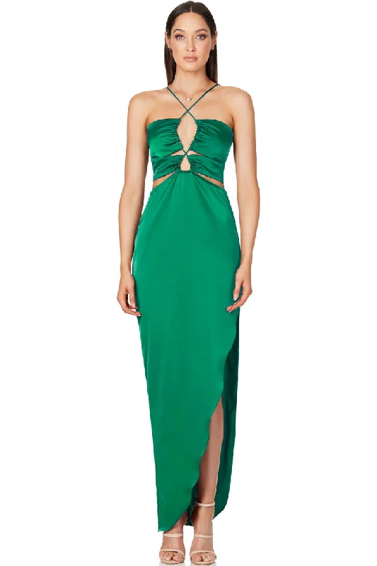 Women's Professional Apparel Silky Satin Cross Front Cutout Slit Cocktail Party Dress - Emerald Green