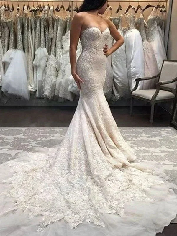 Affordable Luxury Women's Garments Sweetheart Strapless Long Wedding Dresses, 2020 Popular Lace Mermaid Wedding Dresses