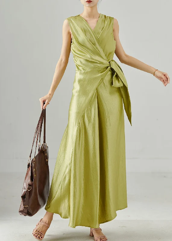 Stylish And Comfortable Clothing For Women Modern Grass Green Asymmetrical Tie Waist Silk Dress Sleeveless