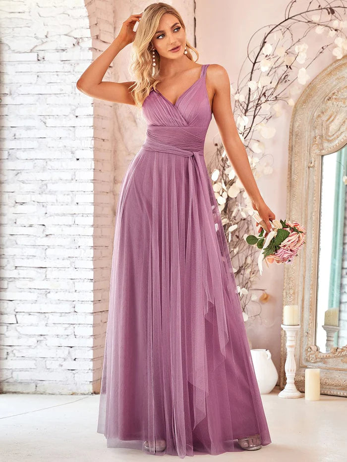 Women's Holiday Attire Floor Length Double V Neck Tulle Bridesmaid Dresses