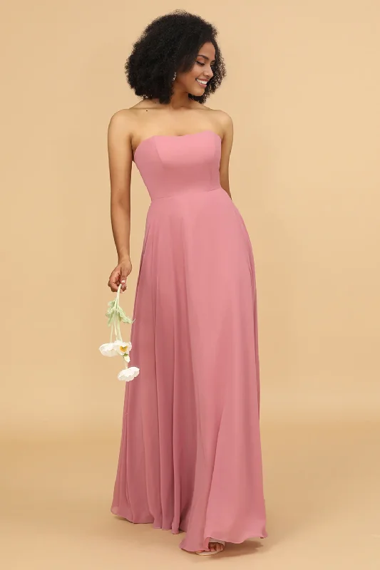 Women's Luxury Attire Chiffon A Line Blush Strapless Bridesmaid Dress