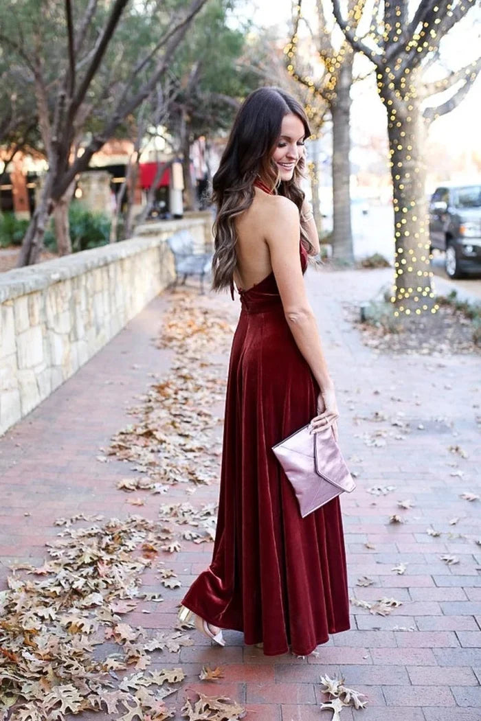 Casual Attire For Women Bridesmaid Dresses Elegant A-Line Halter Backless Burgundy Velvet Long