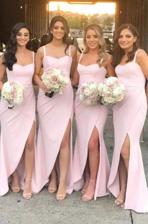 Women's Effortless Casual Outfit Bridesmaid Dresses Pretty Sheath Sweetheart Pink Satin Split Long