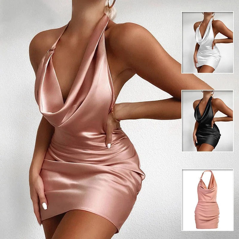 Women's Trendy Activewear Apparel Great Deals on Ethnic Cultural Wear Satin Party Dress V Neck Backless Mini Sleeveless Summer Party Dress