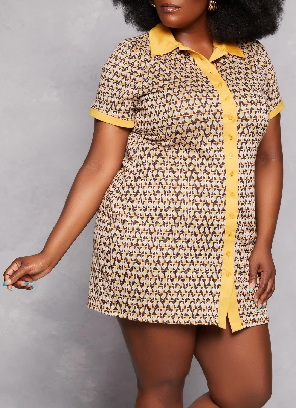 Sustainable Women's Apparel Exquisite Craftsmanship Plus Size Geometric Patterned Shirt Dress