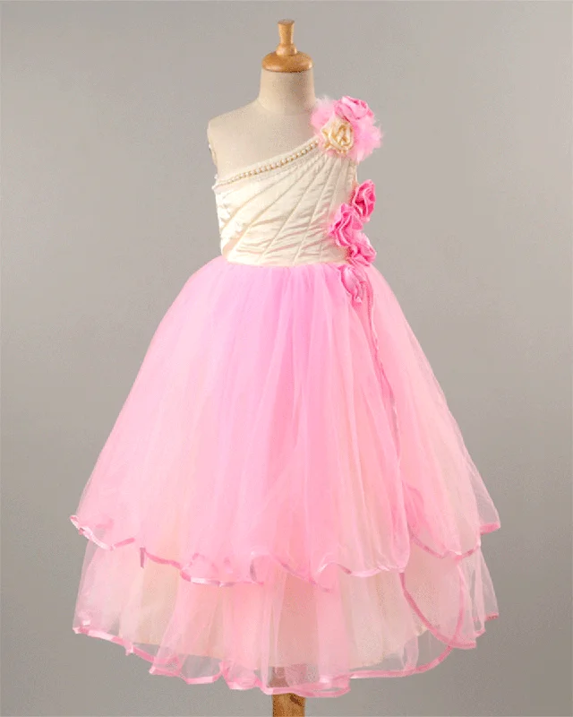 Women's Luxury Apparel Pre-Order: Satin with Net flared dress with Flower appliques-Pink