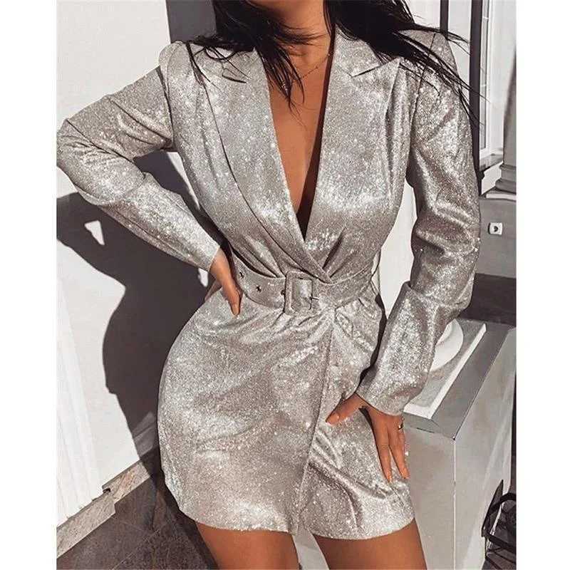 Women's Apparel And Garments FashionSierra - Women Glitter Long Sleeve Blazer Dress