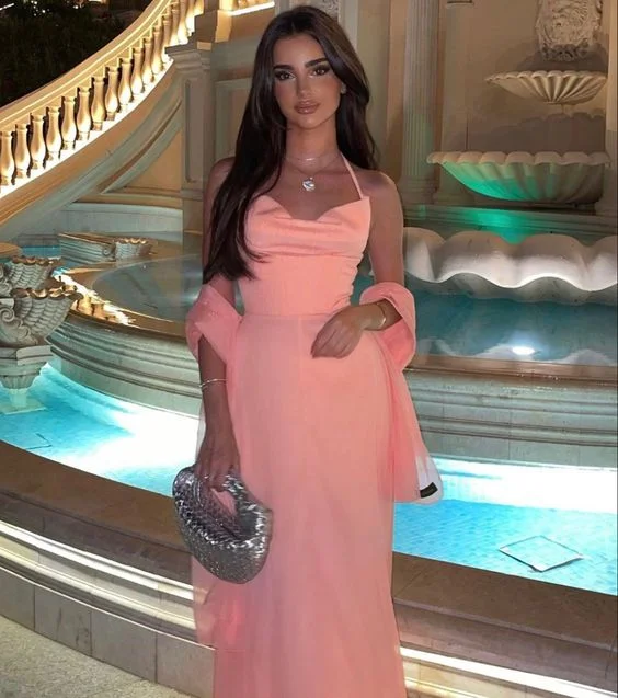 Women's Clothing With Trendy Designs Sexy Halter Sleeveless Pink Long Prom Dress Party Evening Dress Y7523