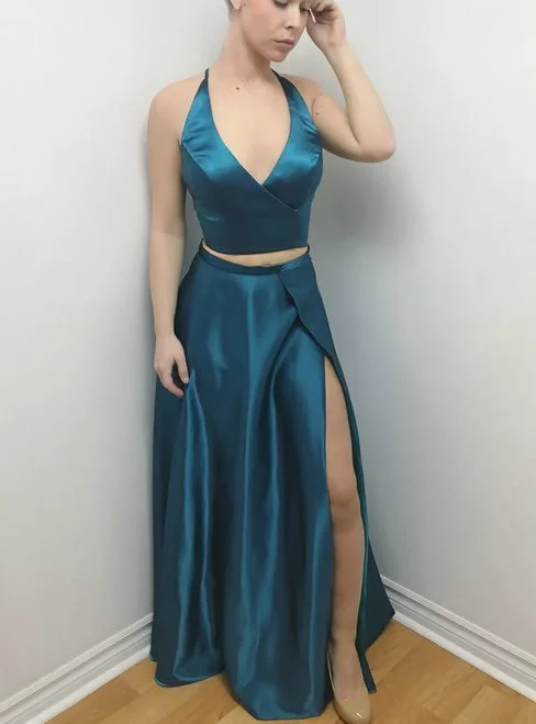 Trendy Athleisure Clothing For Women Sexy Evening Dress ,New Fashion,Sexy Evening prom Dress,V Neck Two Piece, Blue Satin Backless With High Slit   cg13138