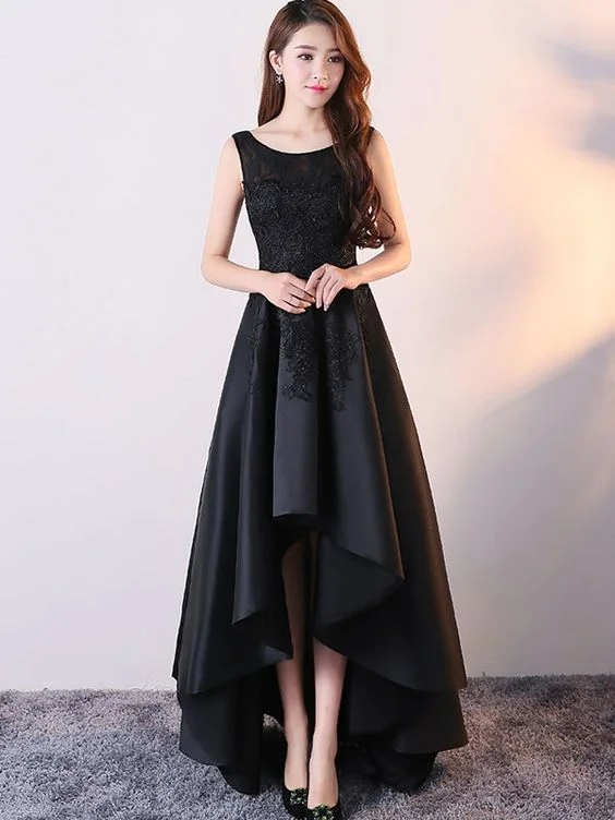 Women's Vacation Outfit Set Cute Black Lace Prom Dress Black Round Neck Satin Lace High Low Prom Dress ,lace prom dress cg288