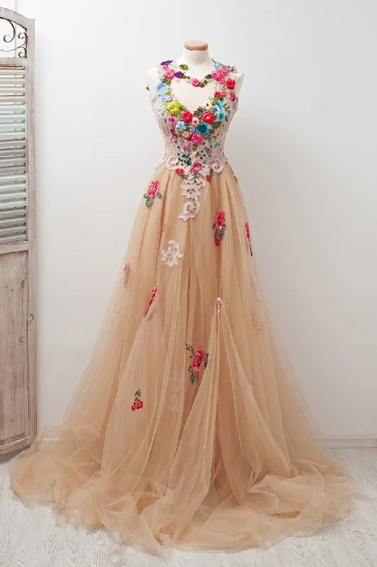 Women's Plus-Size Casual Outfit A Line Scoop Sleeveless Open Back Appliques Tulle Prom Dress with Hand-Made Flowers