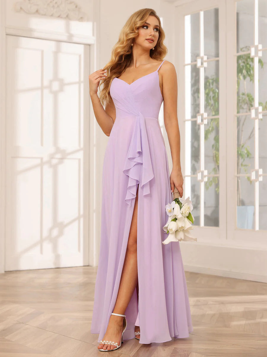 Women's Vintage-Inspired Outfit A-Line/Princess Spaghetti Straps V-Neck Long Bridesmaid Dresses With Split Side