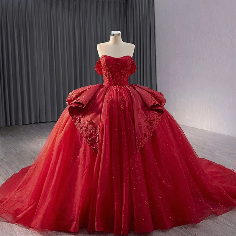 Women's Professional Attire Red Sparkly Wedding Gown with Overskirt Off Shoulder Quinceanera Dress