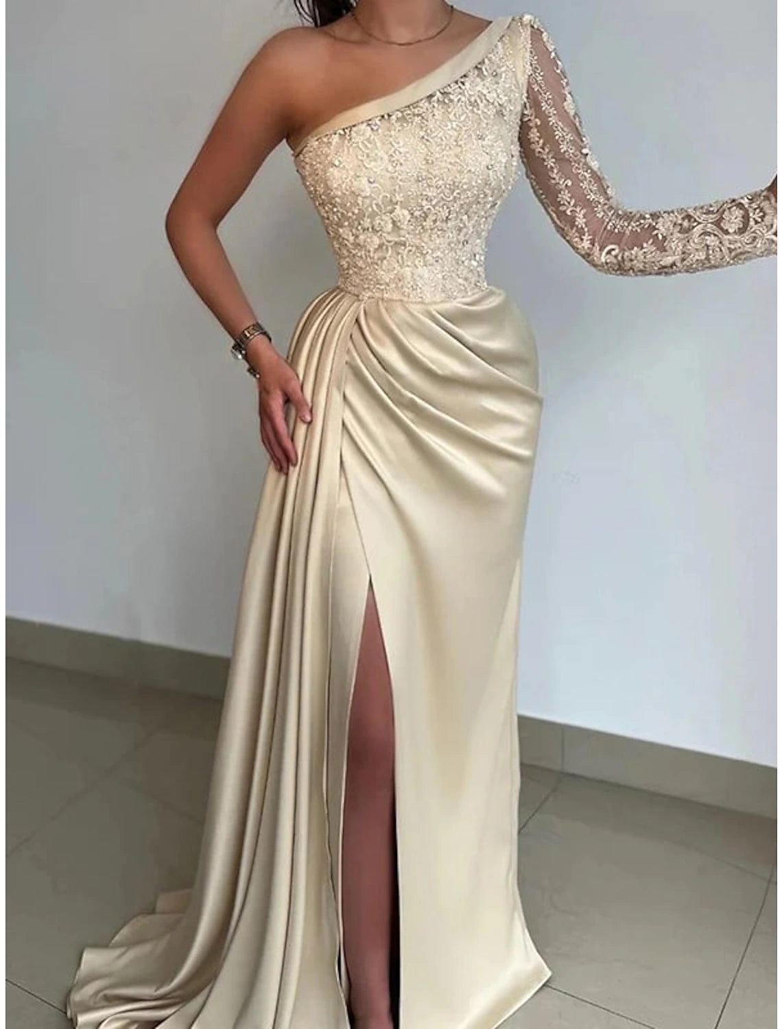 Women's Activewear Attire Mermaid Black Dress Evening Gown Hot Dress Formal Wedding Party Sweep / Brush Train Long Sleeve One Shoulder Bridesmaid Dress Satin with Rhinestone Appliques