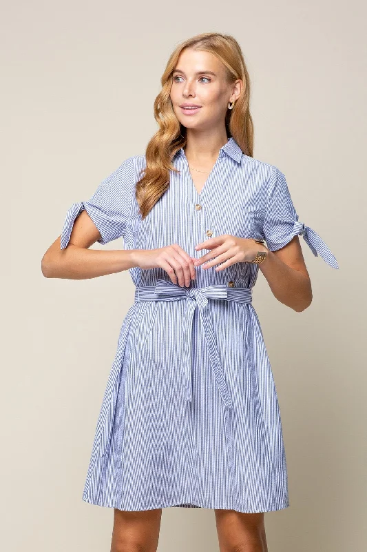 Women's Weekend Outfit Short Sleeve Tie Stripe Shirt Dress