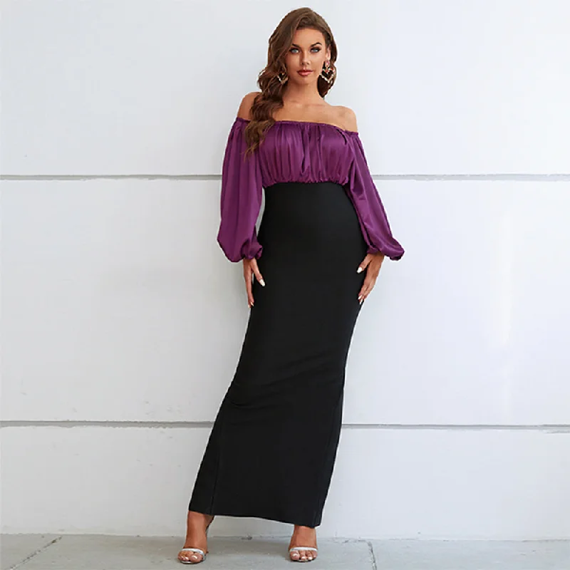 Women's Elegant Formal Outfit Off Shoulder Long Sleeve Splicing Maxi Bodycon Dress PZC2248