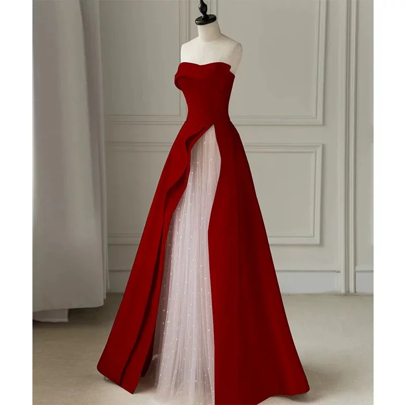 Women's Cozy Outfit For Lounging Modest A line Strapless Long Red Satin Prom Dresses Evening Party Dress C1954