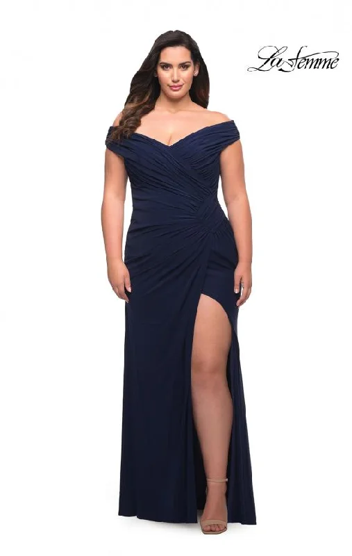 Women's Clothes For Outdoor Events La Femme 29722 Jersey Off Shoulder Gown | Black, Emerald, Navy, Wine