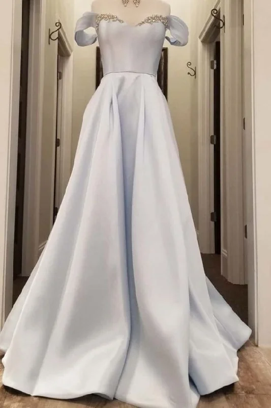 Women's Charming Outfit For Events off the shoulder light blue satin long prom dress   cg18563