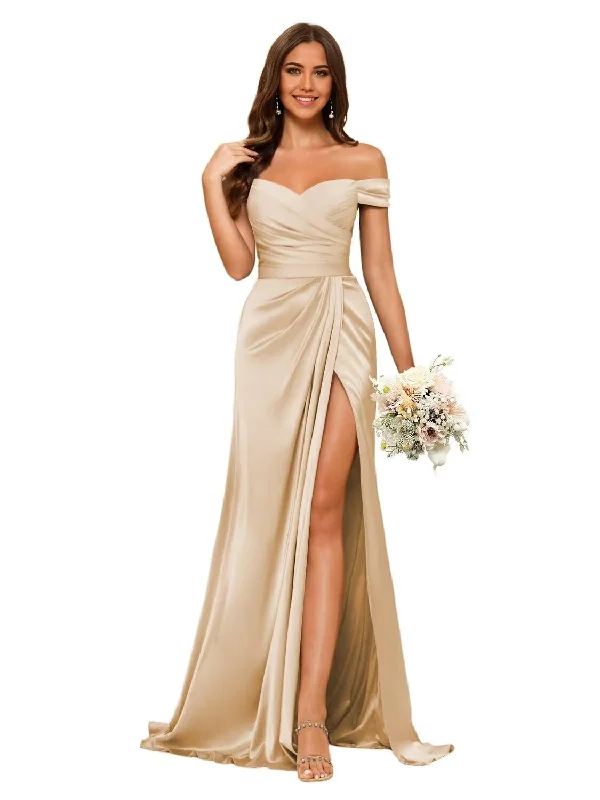 Women's Resort Garments Bridesmaid Dresses Elegant Off Shoulder Mermaid Side Fork Long Ruched Satin Wedding Guest Dresses