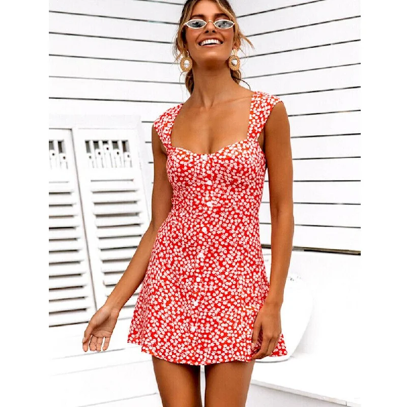 Women's Outfit Feminine Elegant FashionSierra - Women's Summer Boho Floral Bodycon Sleeveless Mini Dress Fashion Ladies Holiday Casual Beach Short Sundress New