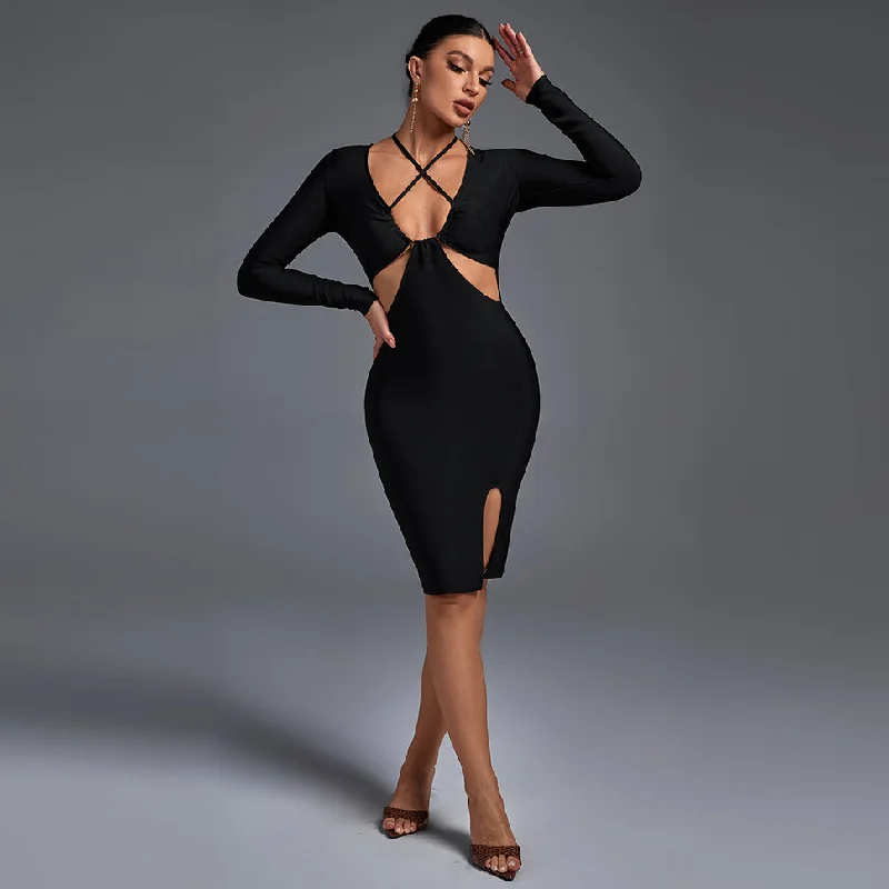 Charming Women's Outfit For Special Occasions Minimalist Office - Ready Style Black Halter Long Sleeve Hollow out Midi Bandage Dress PP21832