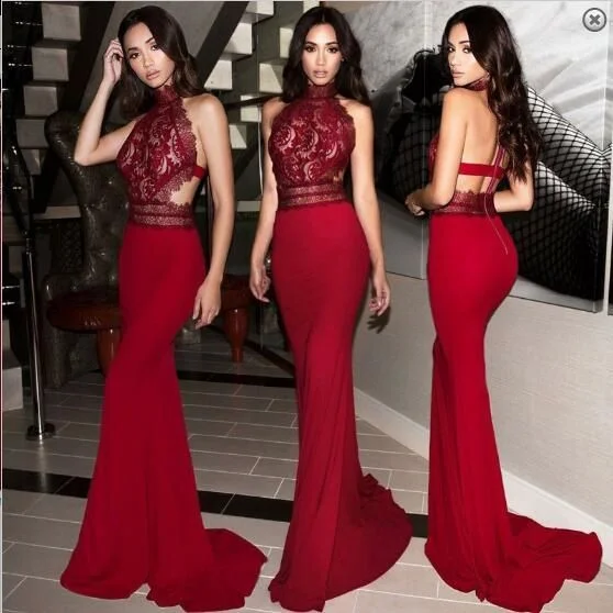 Women's Outerwear Apparel Mermaid High Neck Sweep Train Red Stretch Satin Prom Dress with Lace  cg832