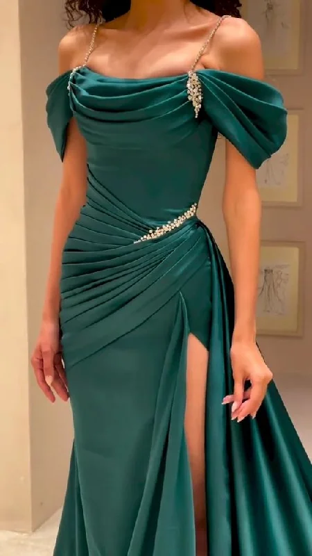 Women's Plus-Size Outfit Elegant Green Prom Dress Spaghetti Strap Sleeveless High Slit Y6638