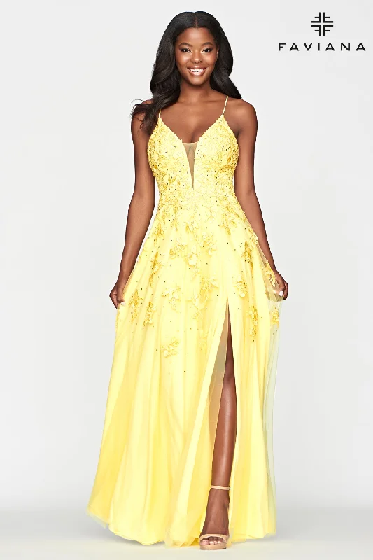 Women's Outfit Faviana S10640 V-Neck A-line Gown With Lace Applique on Tulle Skirt | Black, Light Yellow, Peri, Red