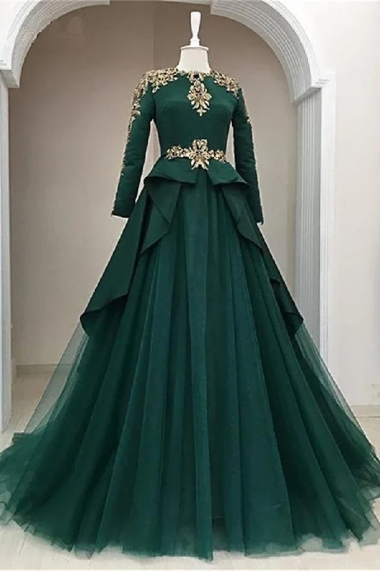 Women's Active Garments For Workouts Dark Green Satin Tulle O Neck Long Sleeve Arabic Formal Prom Dress With Applique    cg19809