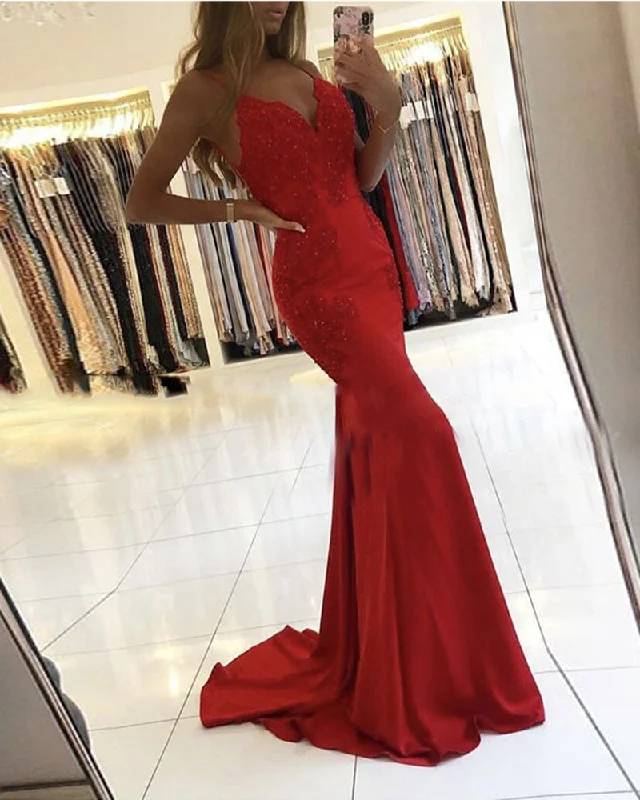 Women's Outdoor Activity Garments Sexy V Neck New Formal Outfits 2020 Red Lace Satin Prom Evening Party Dress Long PL0513