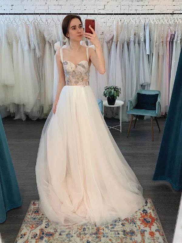 Fashionable Women's Outfit Straps Long A-line Lace Tulle Wedding Dresses, Romantic Wedding Dresses, Long Wedding Dresses