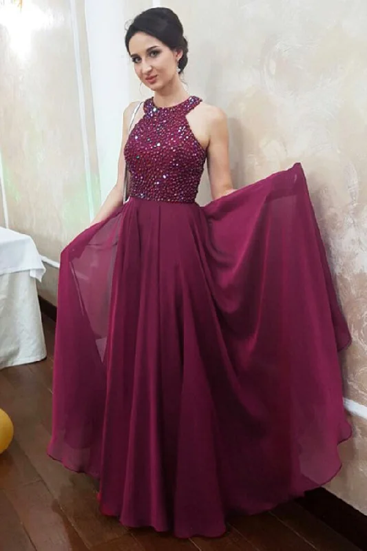 Women's Evening Outfit Sparkly Dark Magenta Jewel Sleeveless Floor Length Chiffon Prom Dresses with Beading N845