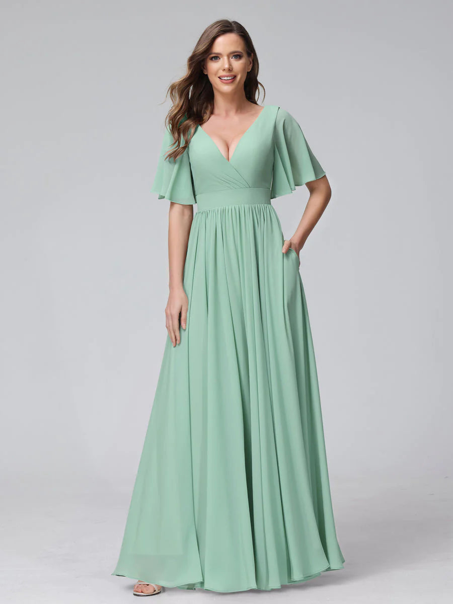 Women's Resort Attire A-Line V-Neck Half Sleeves Long Chiffon Bridesmaid Dresses With Ruffles Split Side Pockets