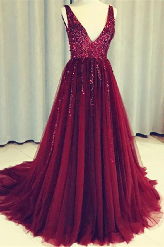 Formal Outfit For Women Dark Red V-Neck Sleeveless Tulle Prom Dresses with Sequins Long Sequined Evening Dresses N886