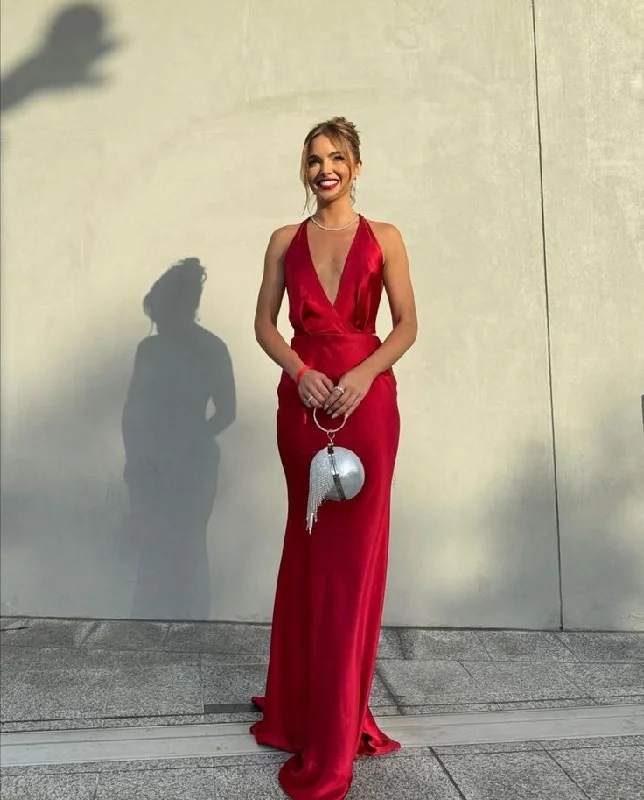 Affordable Fashion Clothing For Women Elegant Mermaid Halter V Neckline Slim Fit Satin Red Prom Dress Long Evening Dresses C2066