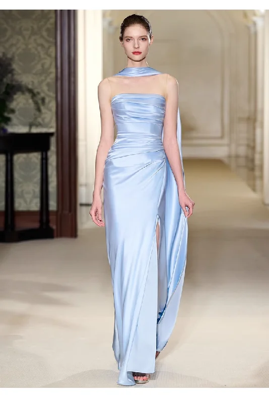 Women's Resort Attire Pretty Sheath Scoop Neckline Satin Blue Slit Long Prom Dresses With Ribbon C1613