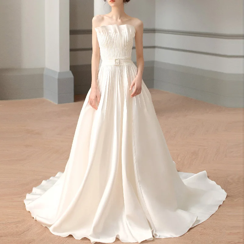 Timeless Women's Garments Strapless Satin Ruched A-line Wedding Dress With Waistband