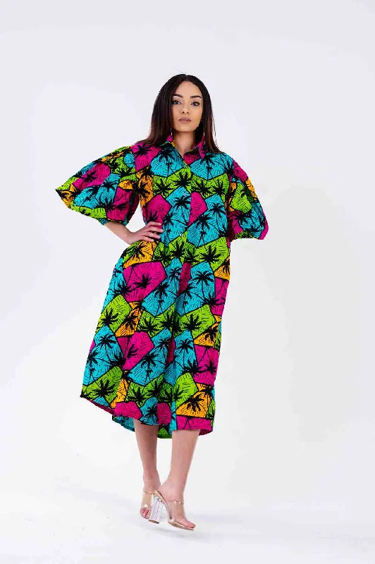 Women's Casual Attire Jinny Ankara Shirt Dress | Pink and Green Multicolored African Print